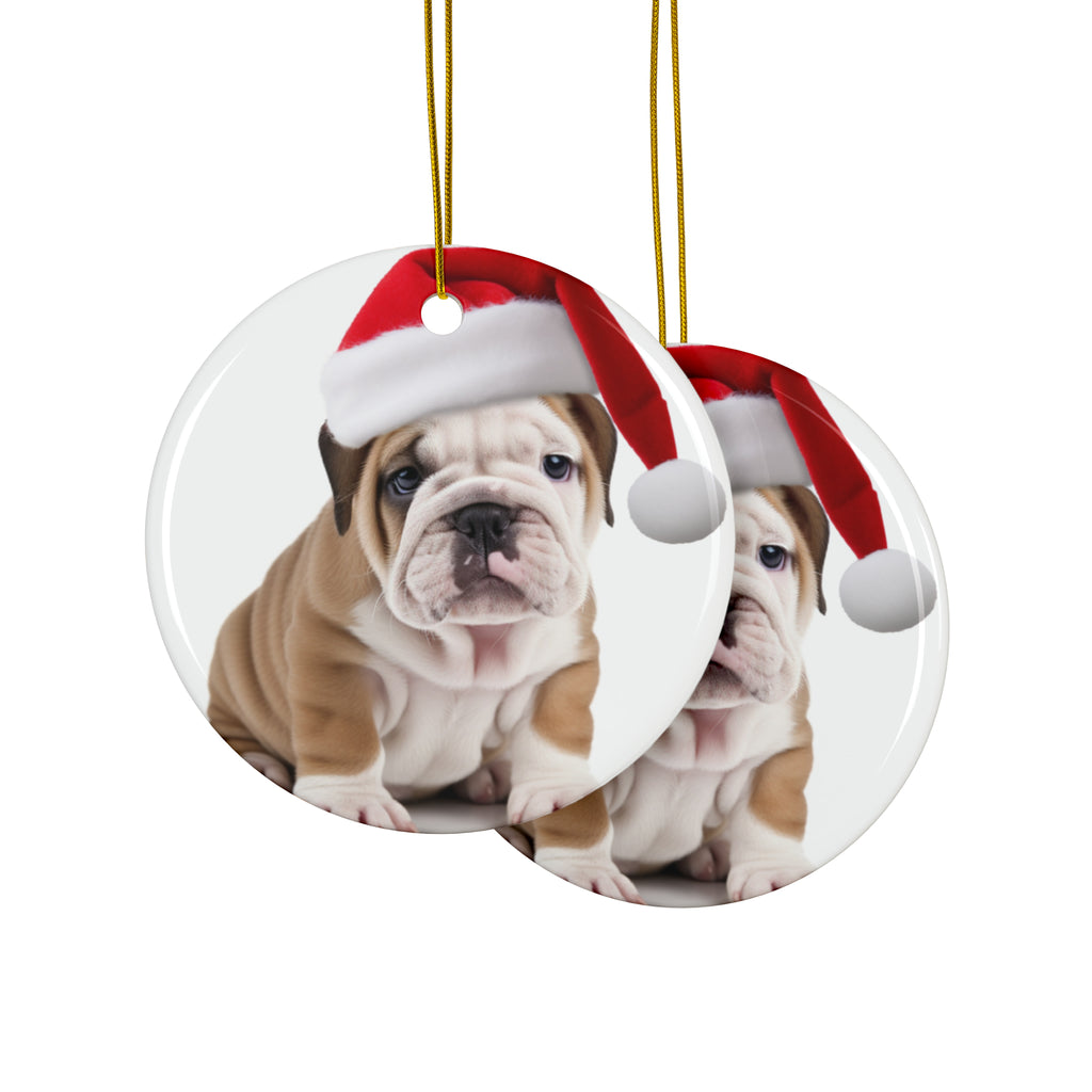 Hanging Ceramic Christmas Tree Ornament with Gold String - Bulldog Puppy Design, view 2