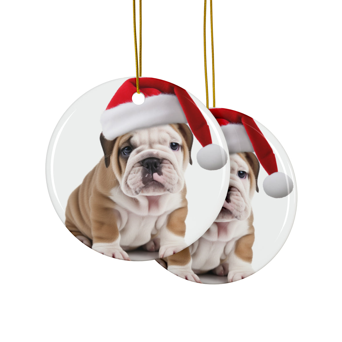 Hanging Ceramic Christmas Tree Ornament with Gold String - Bulldog Puppy Design, view 2