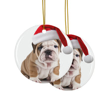 DistinctInk Hanging Ceramic Christmas Tree Ornament with Gold String - Great Gift/Present - 2 3/4 inch Diameter - Bulldog Puppy Design