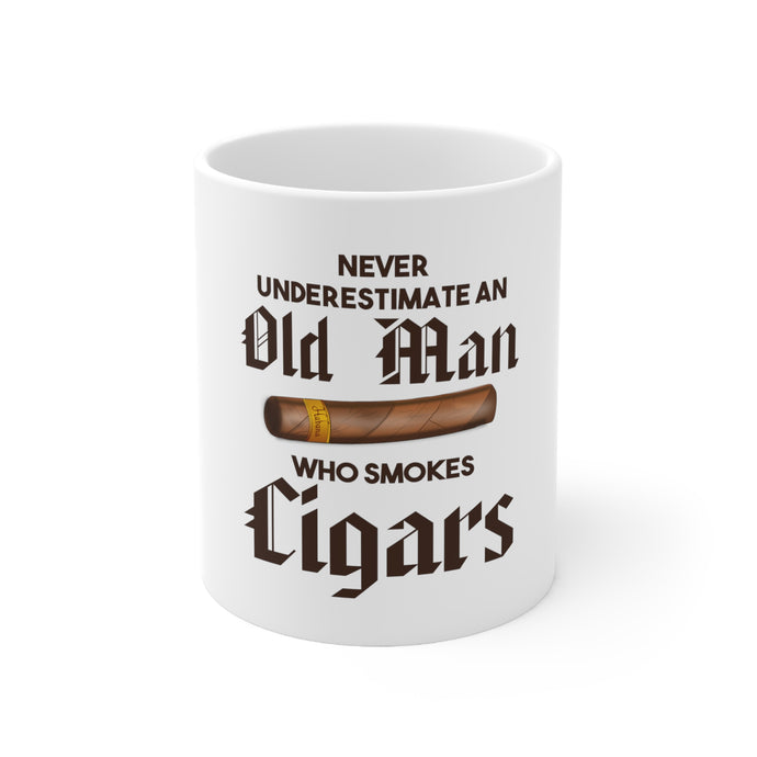 DistinctInk Glossy White Coffee / Tea Mug - Never Underestimate Old Man Who Smokes Cigars