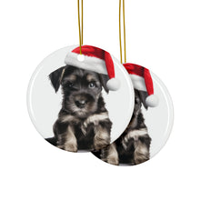 DistinctInk Hanging Ceramic Christmas Tree Ornament with Gold String - Great Gift/Present - 2 3/4 inch Diameter - Standard Schnauzer Puppy Design
