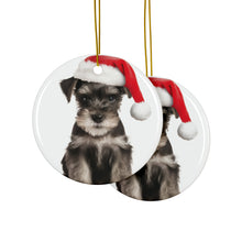 DistinctInk Hanging Ceramic Christmas Tree Ornament with Gold String - Great Gift/Present - 2 3/4 inch Diameter - Miniature Schnauzer Puppy Design