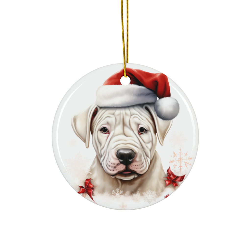 Hanging Ceramic Christmas Tree Ornament with Gold String - Dogo Argentino Puppy Drawing Design