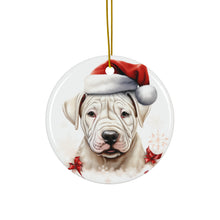 DistinctInk Hanging Ceramic Christmas Tree Ornament with Gold String - Great Gift/Present - 2 3/4 inch Diameter - Dogo Argentino Puppy Drawing Design