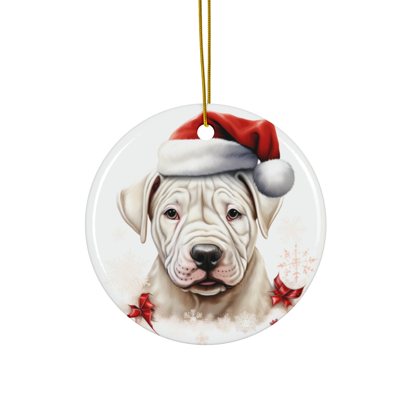 DistinctInk Hanging Ceramic Christmas Tree Ornament with Gold String - Great Gift/Present - 2 3/4 inch Diameter - Dogo Argentino Puppy Drawing Design