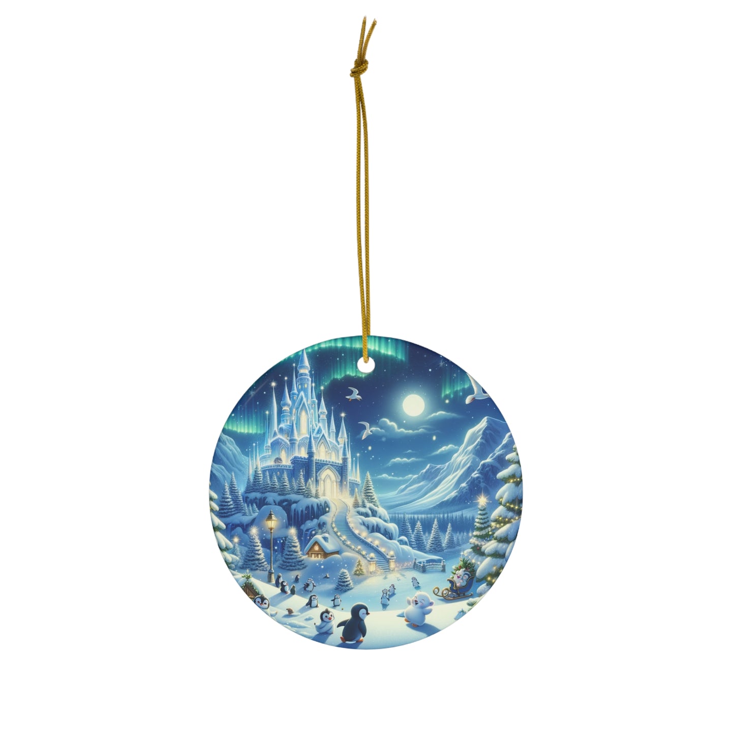 DistinctInk Hanging Ceramic Christmas Tree Ornament Charm with Gold String - Great Gift/Present - 2 3/4 inch Diameter - Arctic Christmas Wonderland
