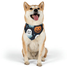 DistinctInk Adjustable Pet Banana Collar with Ghastly Skeleton Pumpkin Patch Design for Halloween