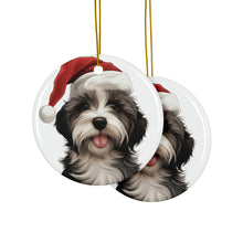 DistinctInk Hanging Ceramic Christmas Tree Ornament with Gold String - Great Gift/Present - 2 3/4 inch Diameter - Tibetan Terrier Puppy Drawing Design