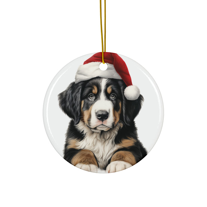 DistinctInk Hanging Ceramic Christmas Tree Ornament with Gold String - Great Gift/Present - 2 3/4 inch Diameter - Greater Swis Mountain Dog Puppy Drawing Design