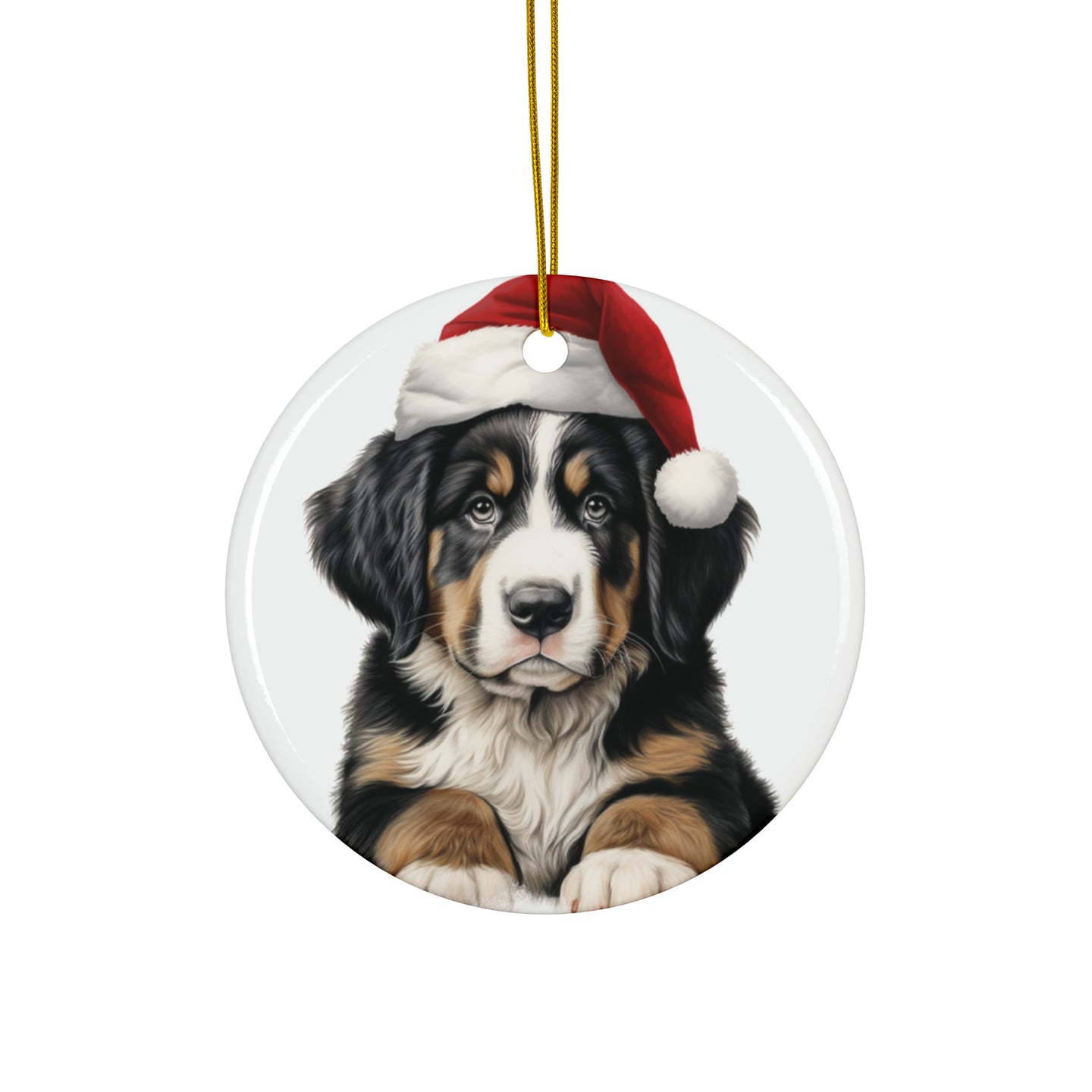 DistinctInk Hanging Ceramic Christmas Tree Ornament with Gold String - Great Gift/Present - 2 3/4 inch Diameter - Greater Swis Mountain Dog Puppy Drawing Design