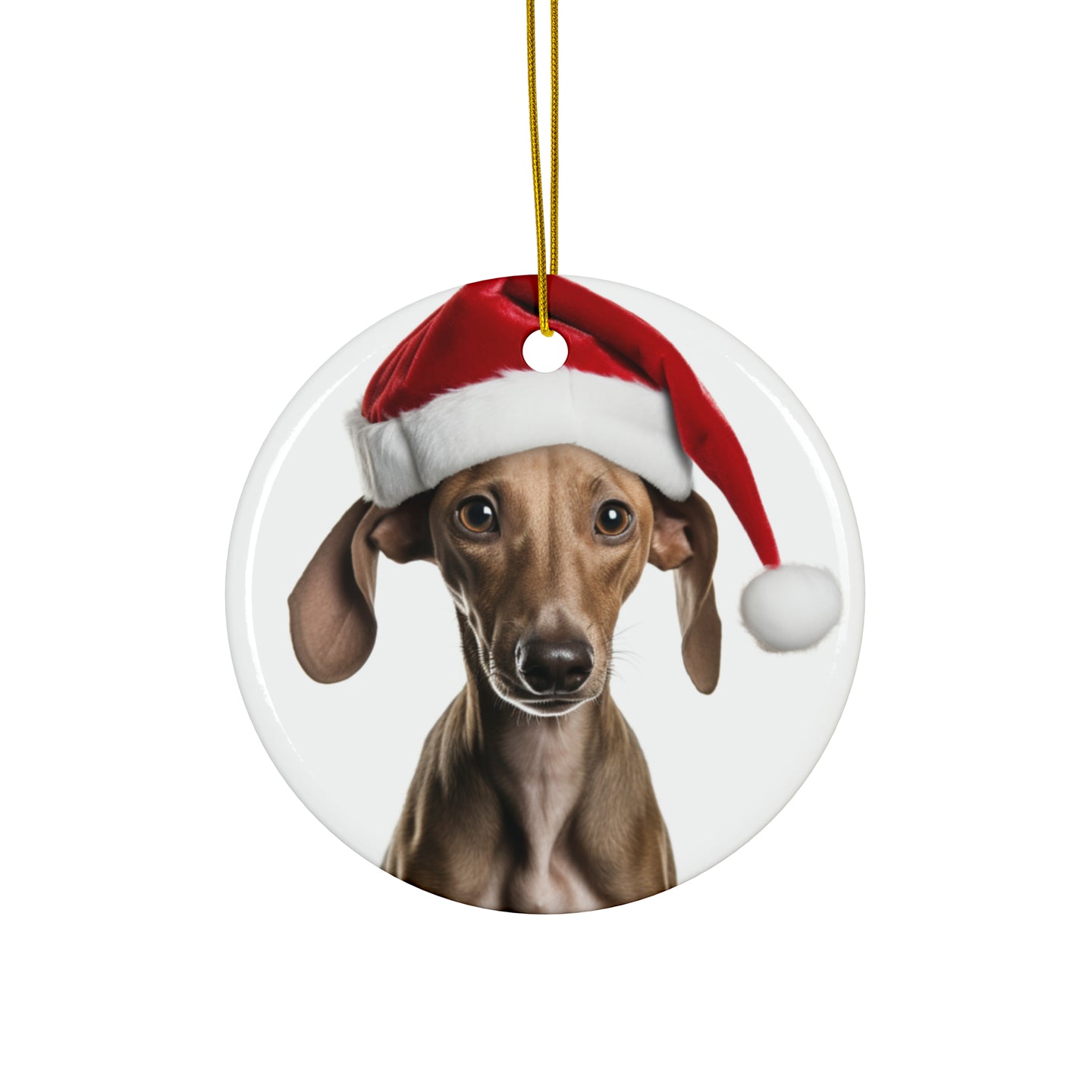 DistinctInk Hanging Ceramic Christmas Tree Ornament with Gold String - Great Gift/Present - 2 3/4 inch Diameter - Azawakh Puppy Design