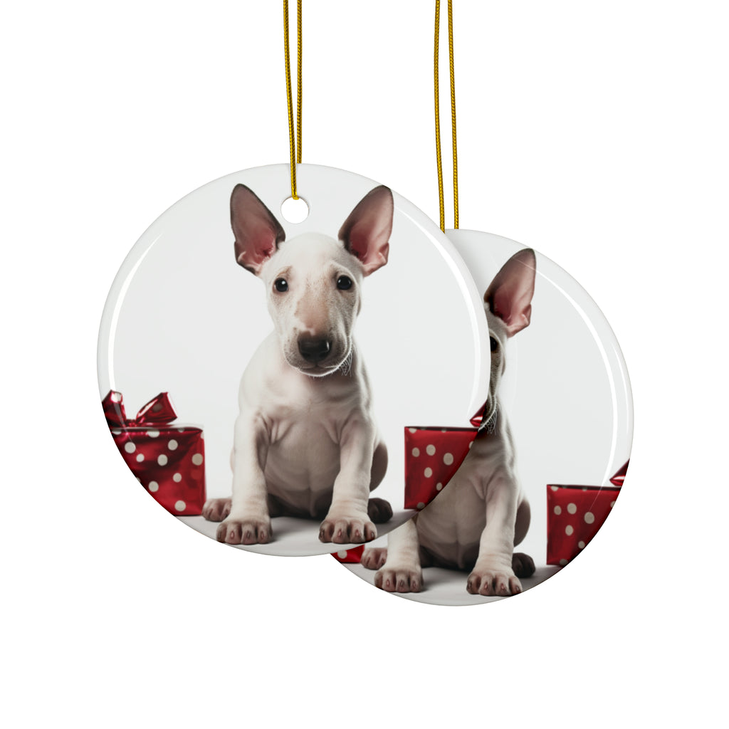 Hanging Ceramic Christmas Tree Ornament with Gold String - Miniature Bull Terrier Puppy Design, view 2