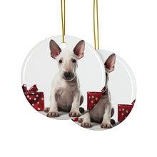 DistinctInk Hanging Ceramic Christmas Tree Ornament with Gold String - Great Gift/Present - 2 3/4 inch Diameter - Miniature Bull Terrier Puppy Design