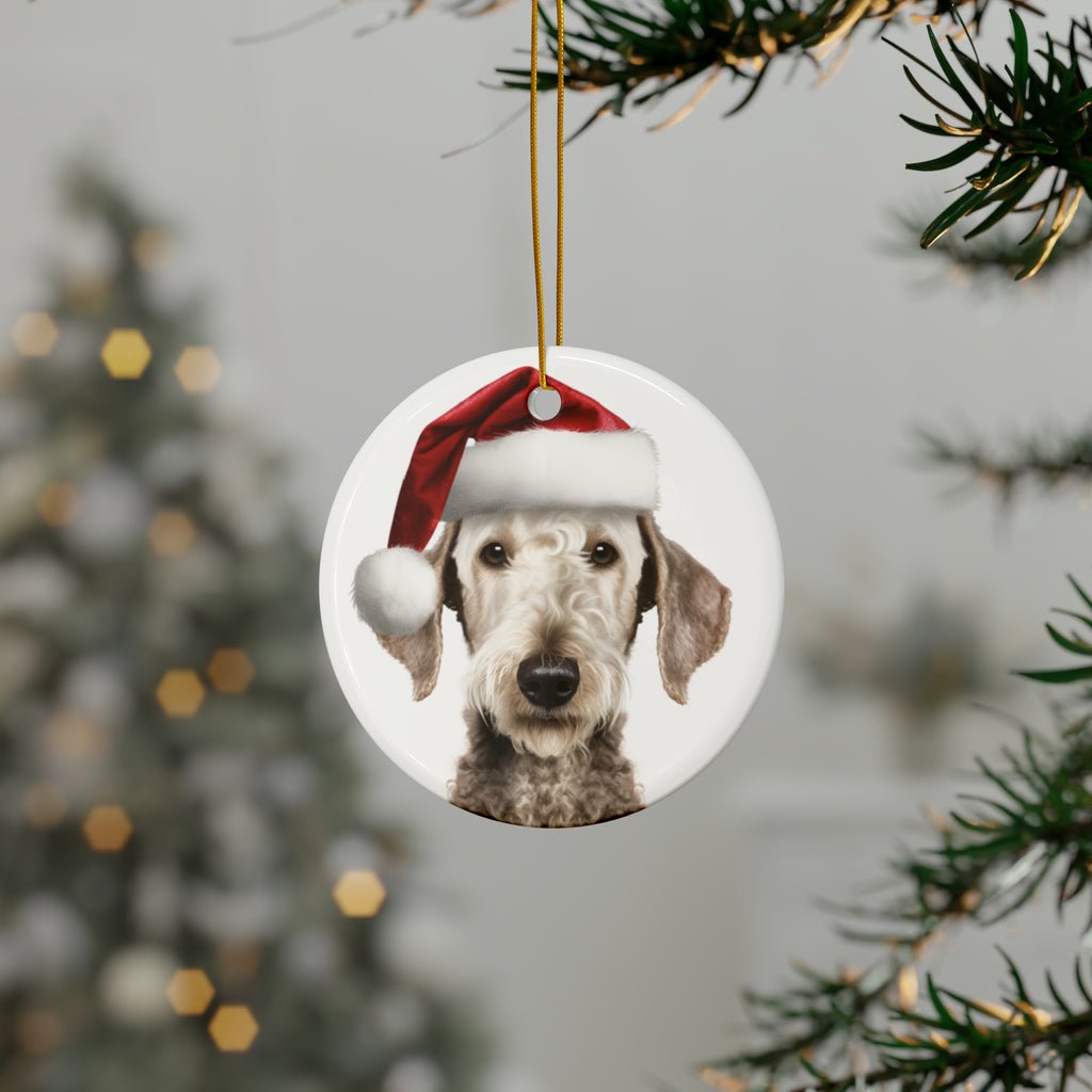 Hanging Ceramic Christmas Tree Ornament with Gold String - Bedlington Terrier Design, view 3