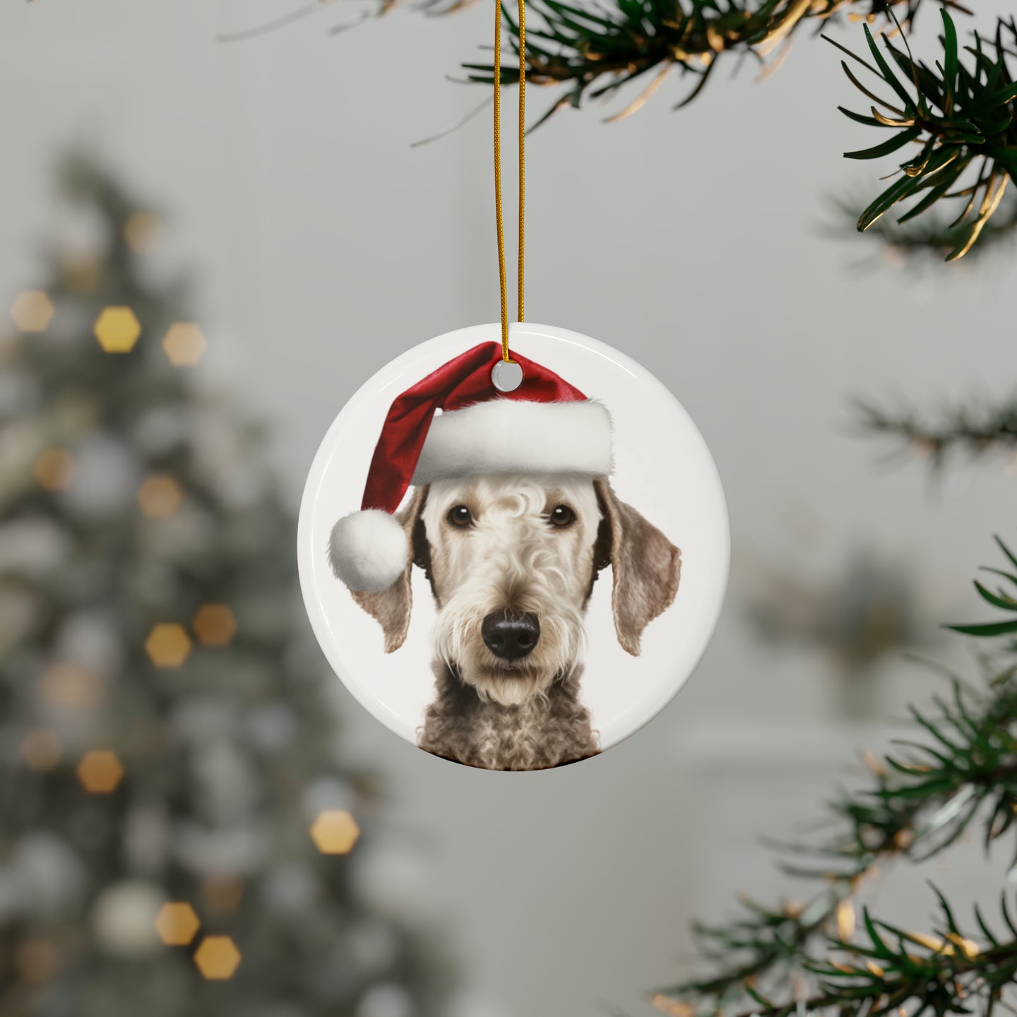 DistinctInk Hanging Ceramic Christmas Tree Ornament with Gold String - Great Gift/Present - 2 3/4 inch Diameter - Bedlington Terrier Design