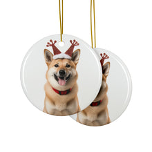 DistinctInk Hanging Ceramic Christmas Tree Ornament with Gold String - Great Gift/Present - 2 3/4 inch Diameter - Norwegian Buhund Design