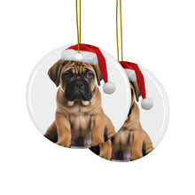 DistinctInk Hanging Ceramic Christmas Tree Ornament with Gold String - Great Gift/Present - 2 3/4 inch Diameter - Boerboel Puppy Design