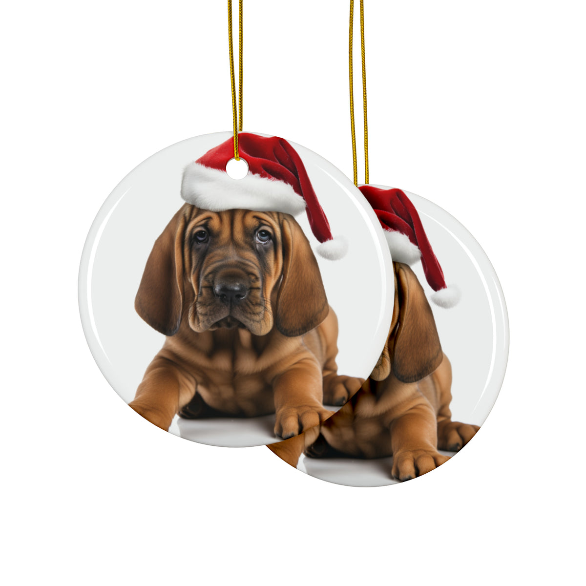 Hanging Ceramic Christmas Tree Ornament with Gold String - Bloodhound Puppy Design, view 2