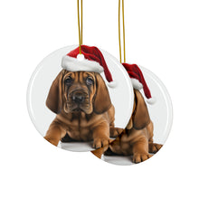 DistinctInk Hanging Ceramic Christmas Tree Ornament with Gold String - Great Gift/Present - 2 3/4 inch Diameter - Bloodhound Puppy Design