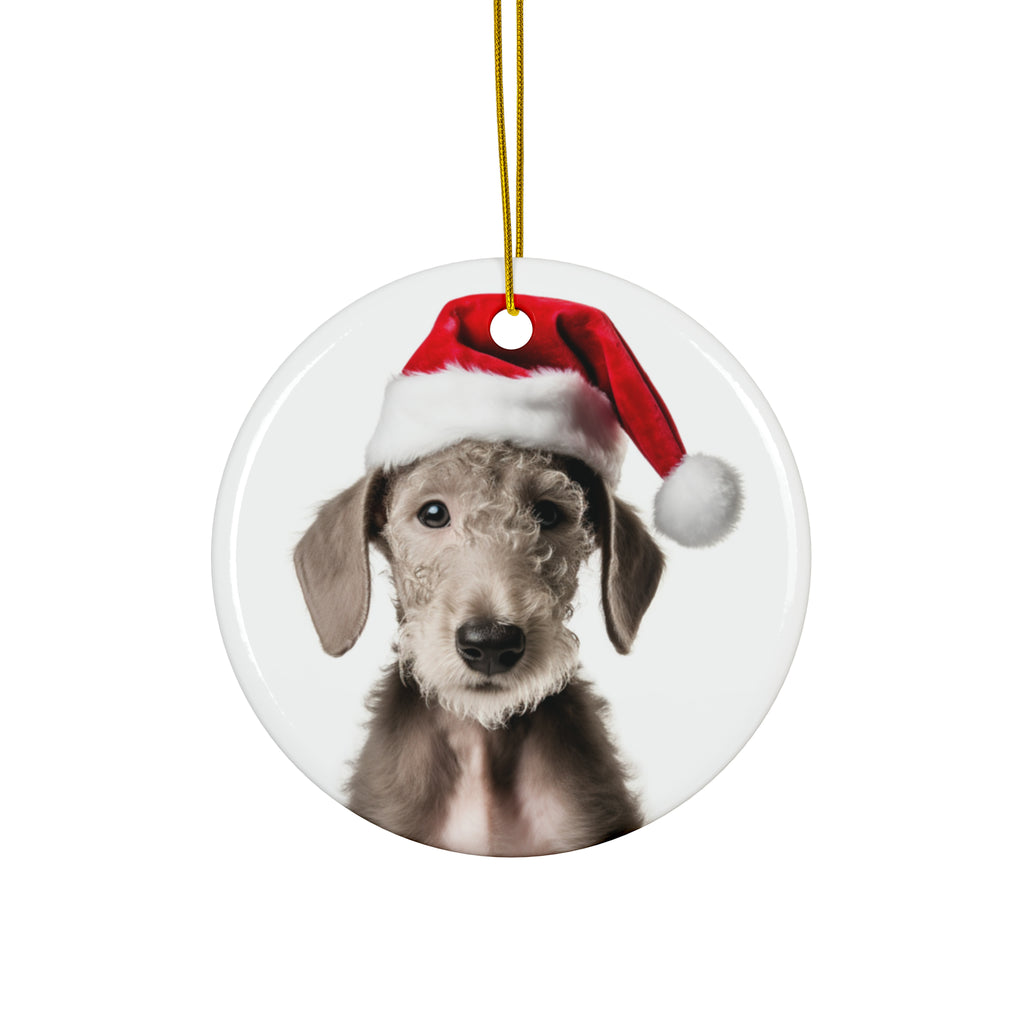 Hanging Ceramic Christmas Tree Ornament with Gold String - Bedlington Terrier Puppy Design