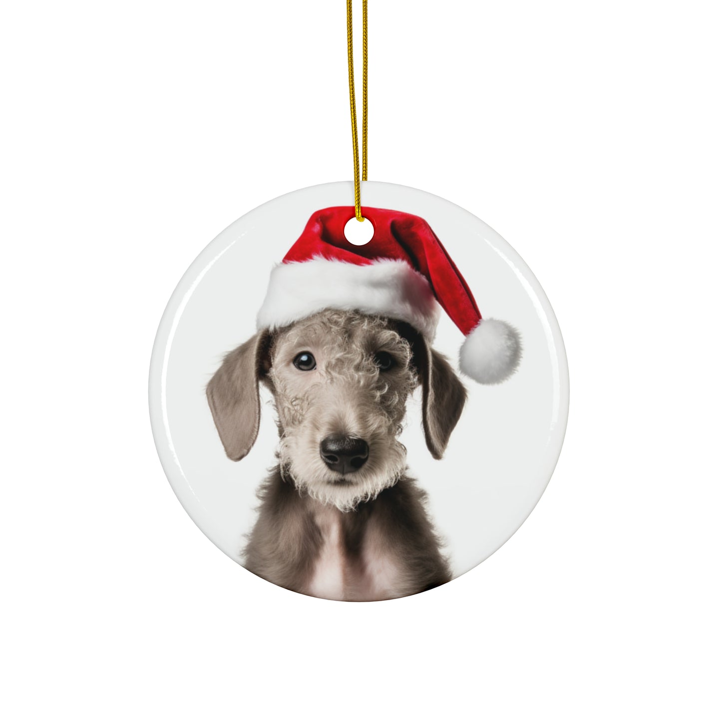 DistinctInk Hanging Ceramic Christmas Tree Ornament with Gold String - Great Gift/Present - 2 3/4 inch Diameter - Bedlington Terrier Puppy Design