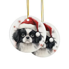 DistinctInk Hanging Ceramic Christmas Tree Ornament with Gold String - Great Gift/Present - 2 3/4 inch Diameter - Japanese Chin Puppy Drawing Design