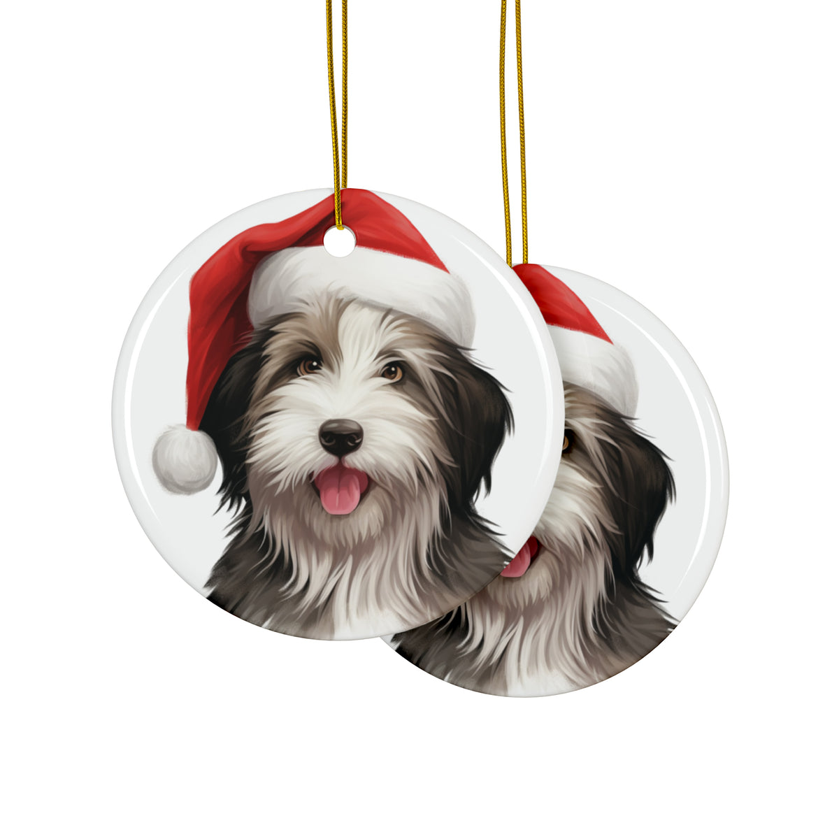 Hanging Ceramic Christmas Tree Ornament with Gold String - Bearded Collie Puppy Drawing Design, view 2