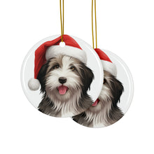DistinctInk Hanging Ceramic Christmas Tree Ornament with Gold String - Great Gift/Present - 2 3/4 inch Diameter - Bearded Collie Puppy Drawing Design