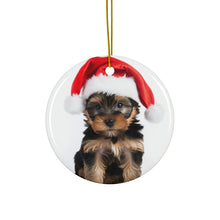 DistinctInk Hanging Ceramic Christmas Tree Ornament with Gold String - Great Gift/Present - 2 3/4 inch Diameter - Yorkshire Terrier Puppy Design