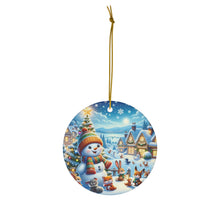 DistinctInk Hanging Ceramic Christmas Tree Ornament Charm with Gold String - Great Gift/Present - 2 3/4 inch Diameter - Snowy Village Holiday Magic
