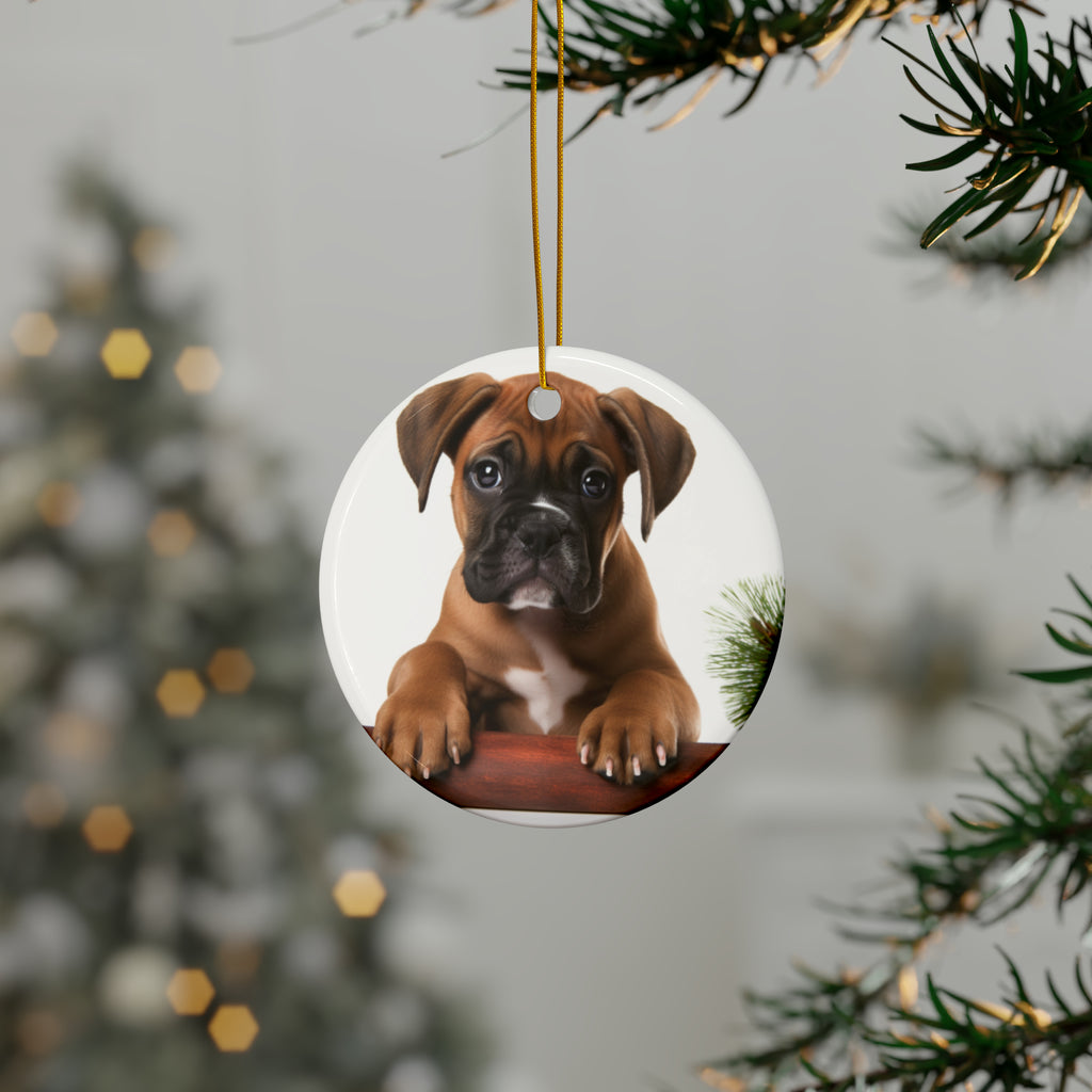 Hanging Ceramic Christmas Tree Ornament with Gold String - Boxer Puppy Design, view 3