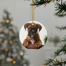 DistinctInk Hanging Ceramic Christmas Tree Ornament with Gold String - Great Gift/Present - 2 3/4 inch Diameter - Boxer Puppy Design