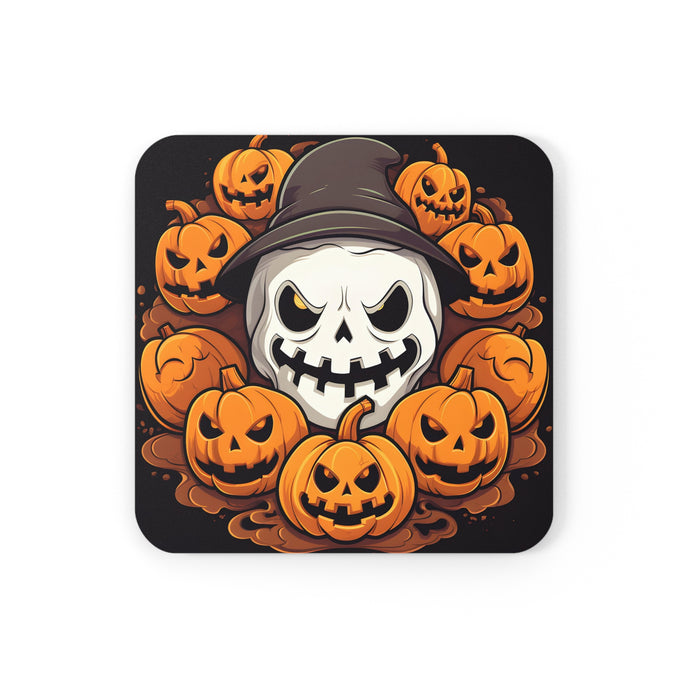 DistinctInk (Set of 4) Corkwood Coasters with Spooky Skeleton Pumpkin PatchDesign for Halloween