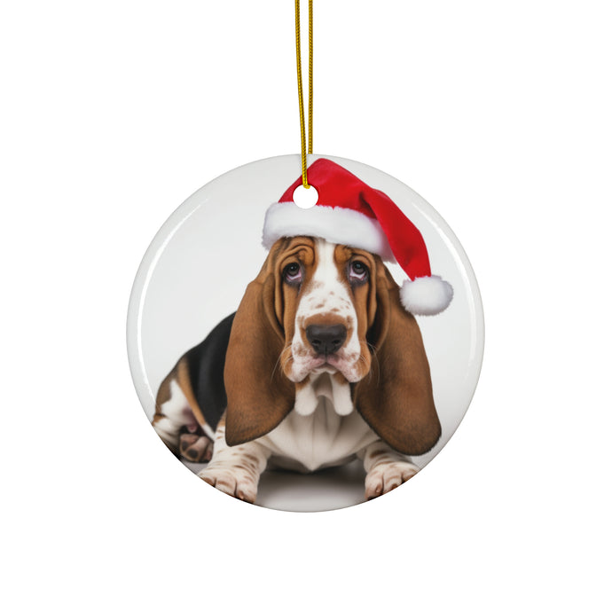 DistinctInk Hanging Ceramic Christmas Tree Ornament with Gold String - Great Gift/Present - 2 3/4 inch Diameter - Basset Hound Puppy Design