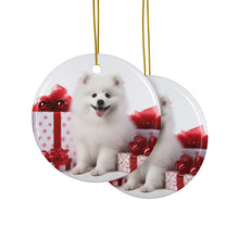 DistinctInk Hanging Ceramic Christmas Tree Ornament with Gold String - Great Gift/Present - 2 3/4 inch Diameter - American Eskimo Dog Puppy Design