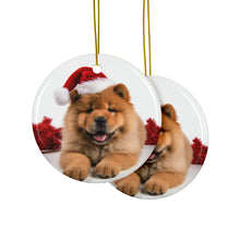 DistinctInk Hanging Ceramic Christmas Tree Ornament with Gold String - Great Gift/Present - 2 3/4 inch Diameter - Chow Chow Puppy Design