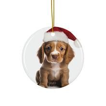 DistinctInk Hanging Ceramic Christmas Tree Ornament with Gold String - Great Gift/Present - 2 3/4 inch Diameter - Harrier Puppy Design