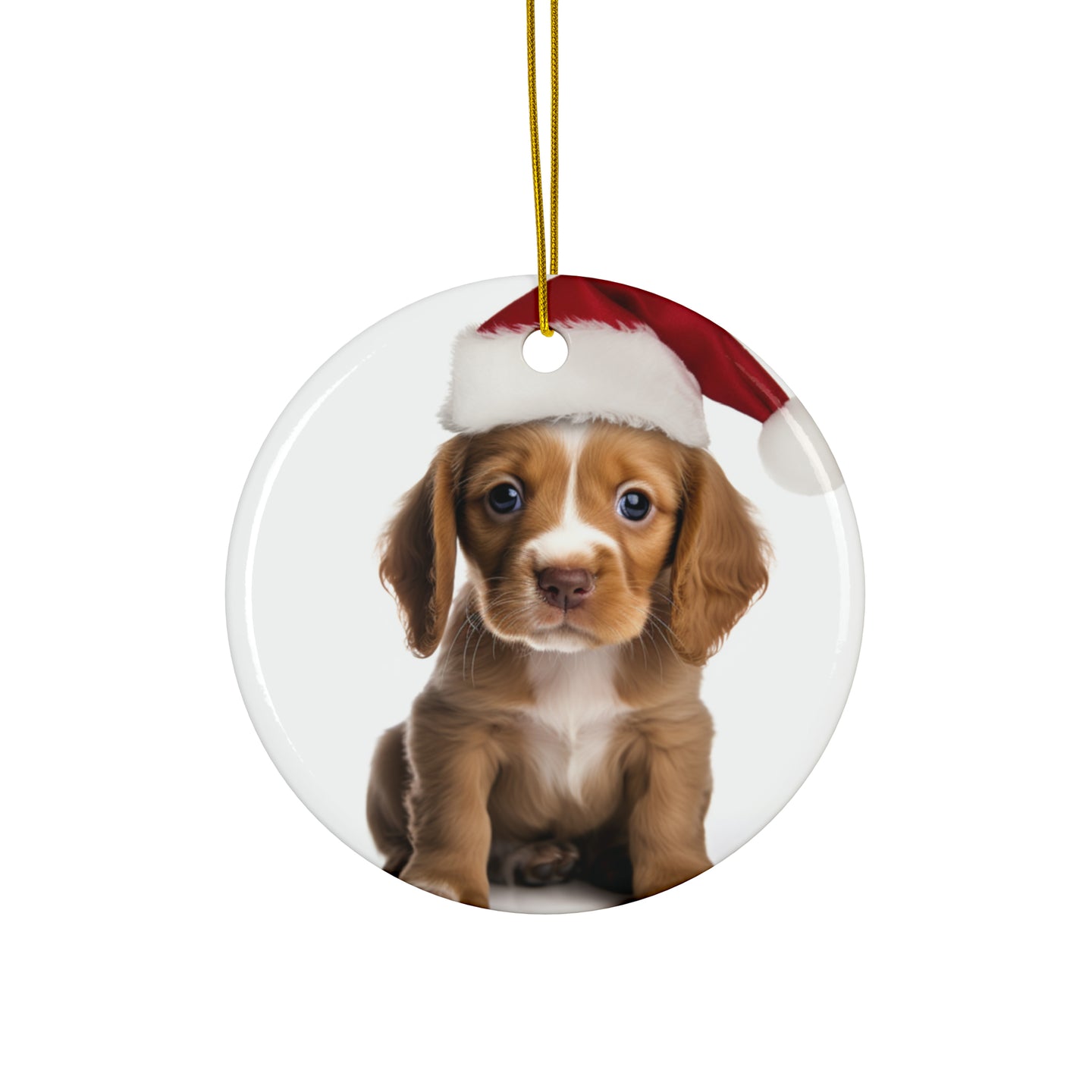 DistinctInk Hanging Ceramic Christmas Tree Ornament with Gold String - Great Gift/Present - 2 3/4 inch Diameter - Harrier Puppy Design