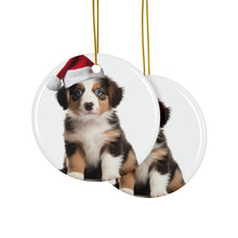 DistinctInk Hanging Ceramic Christmas Tree Ornament with Gold String - Great Gift/Present - 2 3/4 inch Diameter - Australian Shepherd Puppy Design