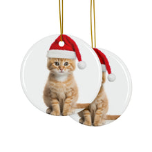 DistinctInk Hanging Ceramic Christmas Tree Ornament with Gold String - Great Gift/Present - 2 3/4 inch Diameter - Manx Cat Design