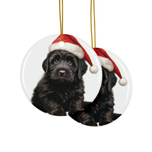 DistinctInk Hanging Ceramic Christmas Tree Ornament with Gold String - Great Gift/Present - 2 3/4 inch Diameter - Bouvier de Flandre Puppy Design