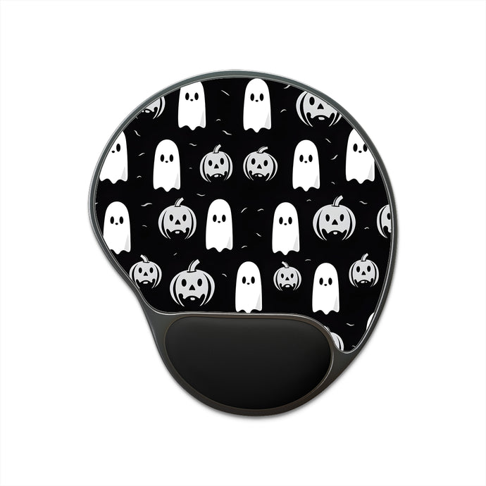 DistinctInk Mouse Pad with Wrist Rest  with Skeletal Ghostly Pumpkin Mania Design for Halloween