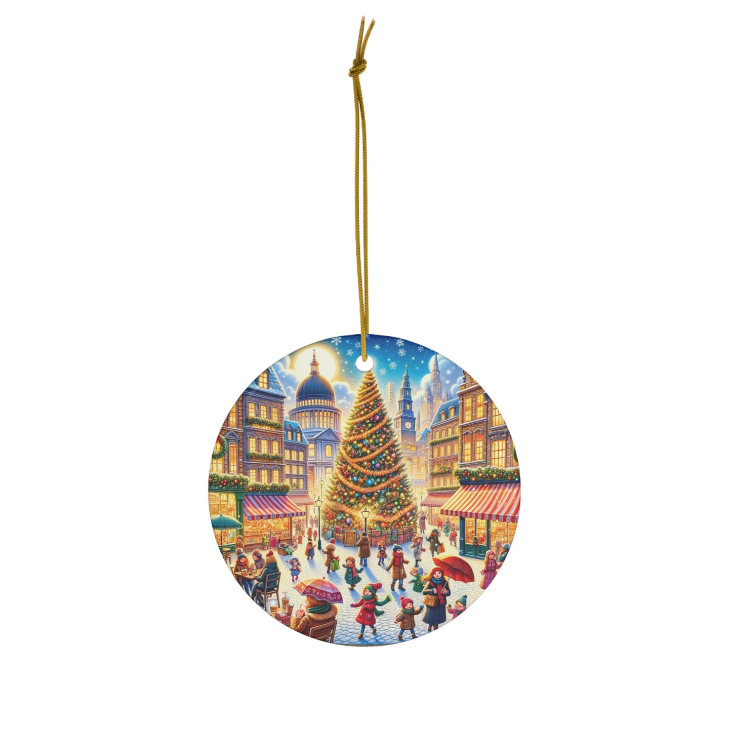 DistinctInk Hanging Ceramic Christmas Tree Ornament Charm with Gold String - Great Gift/Present - 2 3/4 inch Diameter - Christmas in the City