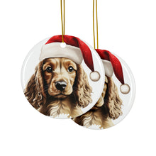 DistinctInk Hanging Ceramic Christmas Tree Ornament with Gold String - Great Gift/Present - 2 3/4 inch Diameter - English Cocker Spaniel Puppy Drawing Design
