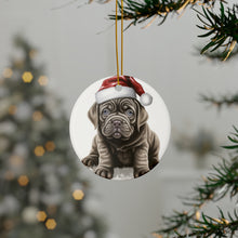 DistinctInk Hanging Ceramic Christmas Tree Ornament with Gold String - Great Gift/Present - 2 3/4 inch Diameter - Neapolitan Mastiff Puppy Drawing Design