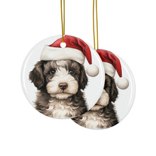 DistinctInk Hanging Ceramic Christmas Tree Ornament with Gold String - Great Gift/Present - 2 3/4 inch Diameter - Spanish Water Dog Puppy Drawing Design