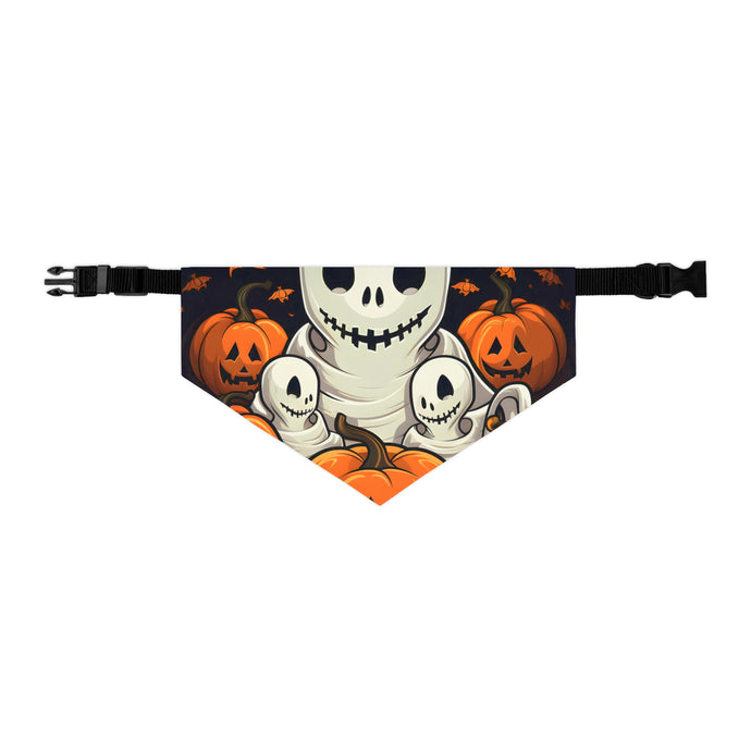 DistinctInk Adjustable Pet Banana Collar with Ghost Skeleton Pumpkin Pattern Design for Halloween