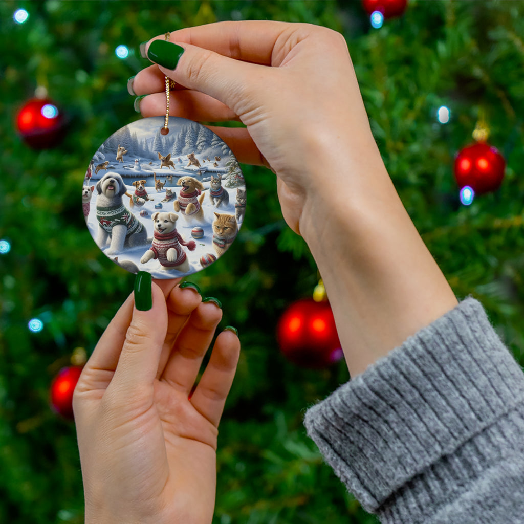 Hanging Ceramic Christmas Tree Ornament Charm with Gold String - Pets' Snowy Christmas Adventure, view 4