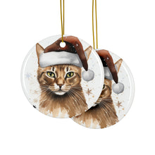 DistinctInk Hanging Ceramic Christmas Tree Ornament with Gold String - Great Gift/Present - 2 3/4 inch Diameter - Havana Brown Cat Design
