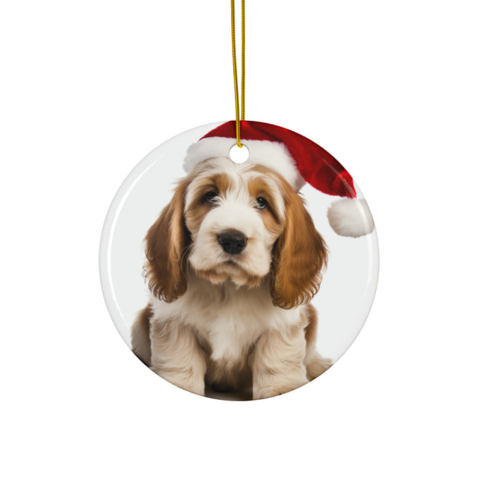 DistinctInk Hanging Ceramic Christmas Tree Ornament with Gold String - Great Gift/Present - 2 3/4 inch Diameter - Grand Basset Griffon Vendéen Puppy Design